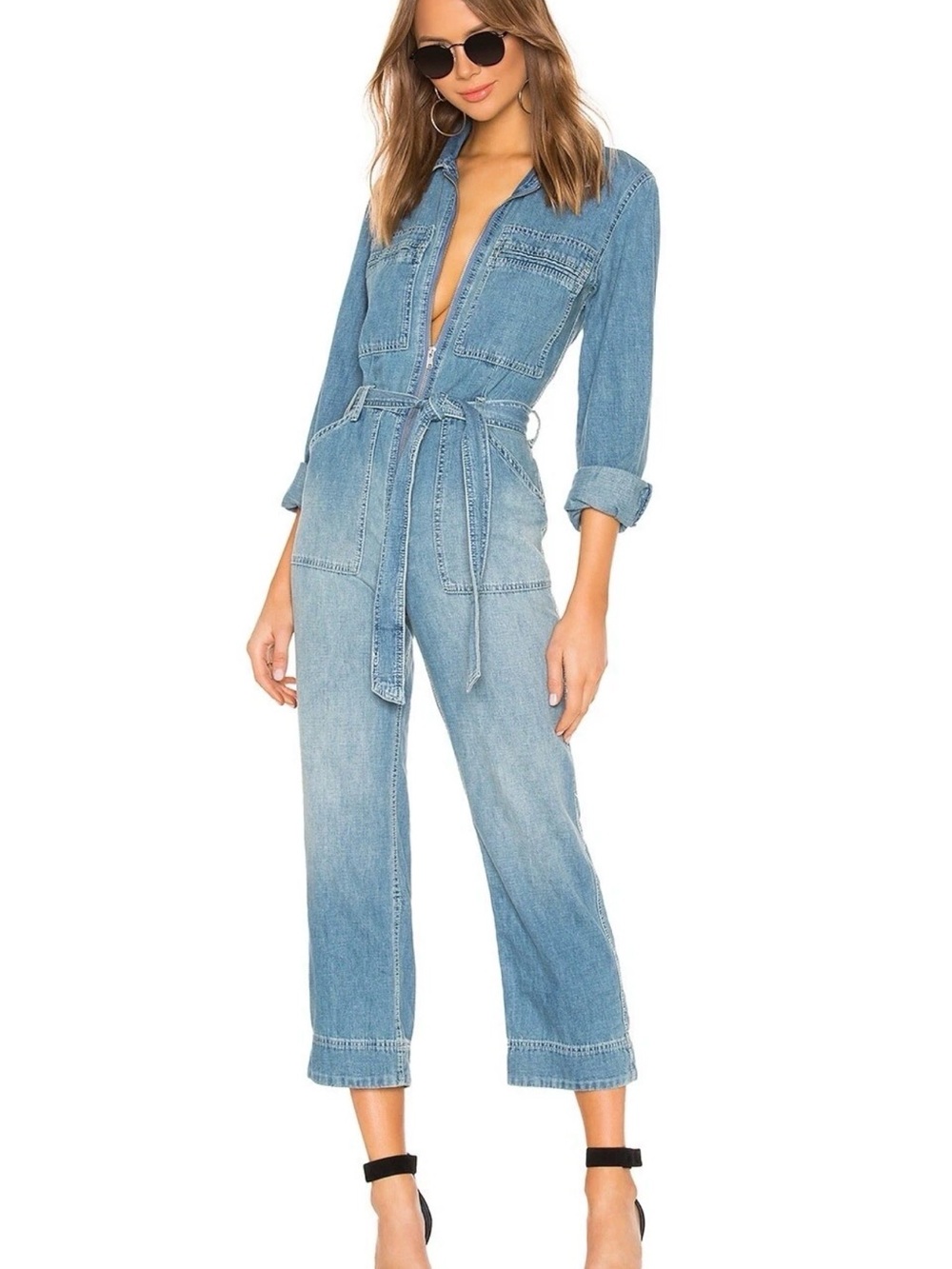 Free People Charlie Zip Front Belted Cropped Denim Jumpsuit Coveralls